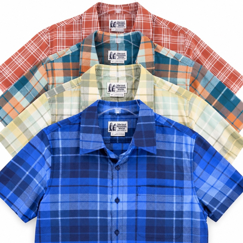 Lot of 4 Marmot Mens Large Short Sleeve Button Up Shirts Multicolor Plaid Hiking